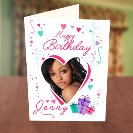 Photo Upload Love Shape & Gift Boxes Birthday Card
